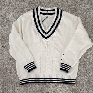 Classic White and Navy V-Neck Sweater